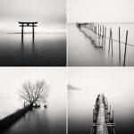 Vier minimalistische Nebellandschaften mit Torii, Pfählen, Baum und Steg
